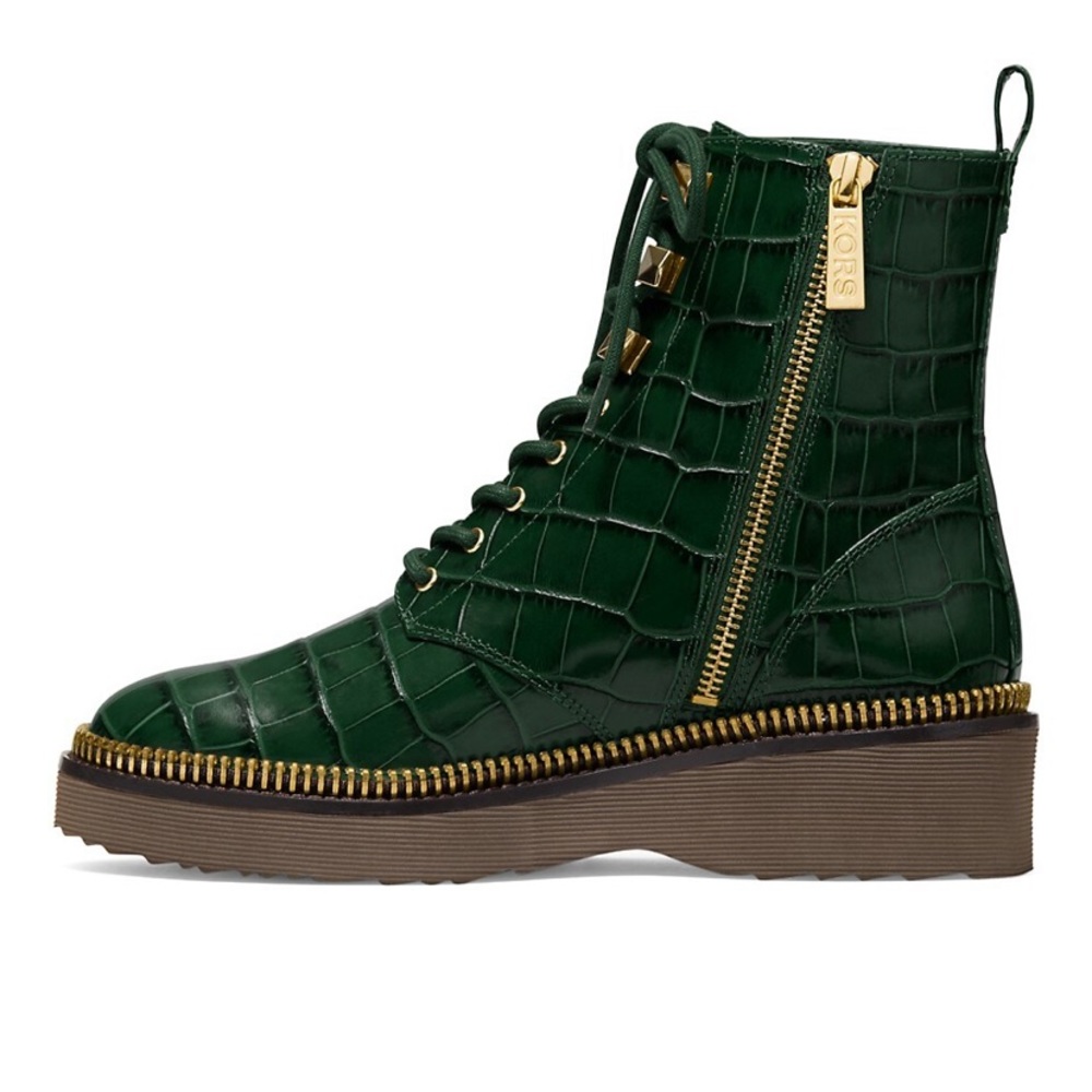 Michael Kors Haskell croc embossed leather bootie, combat boots, moss green, 9.5 - Picture 3 of 15